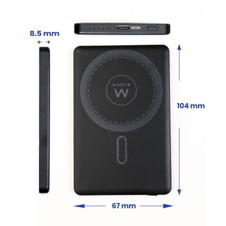 EWENT POWERBANK ULTRASLIM MAGSAFE® 5000MAH PD 20W, 1X USB-C (IN/OUT), 1X USB-A PORT, 104X67X8â55MM, 112GR, BLACK_2