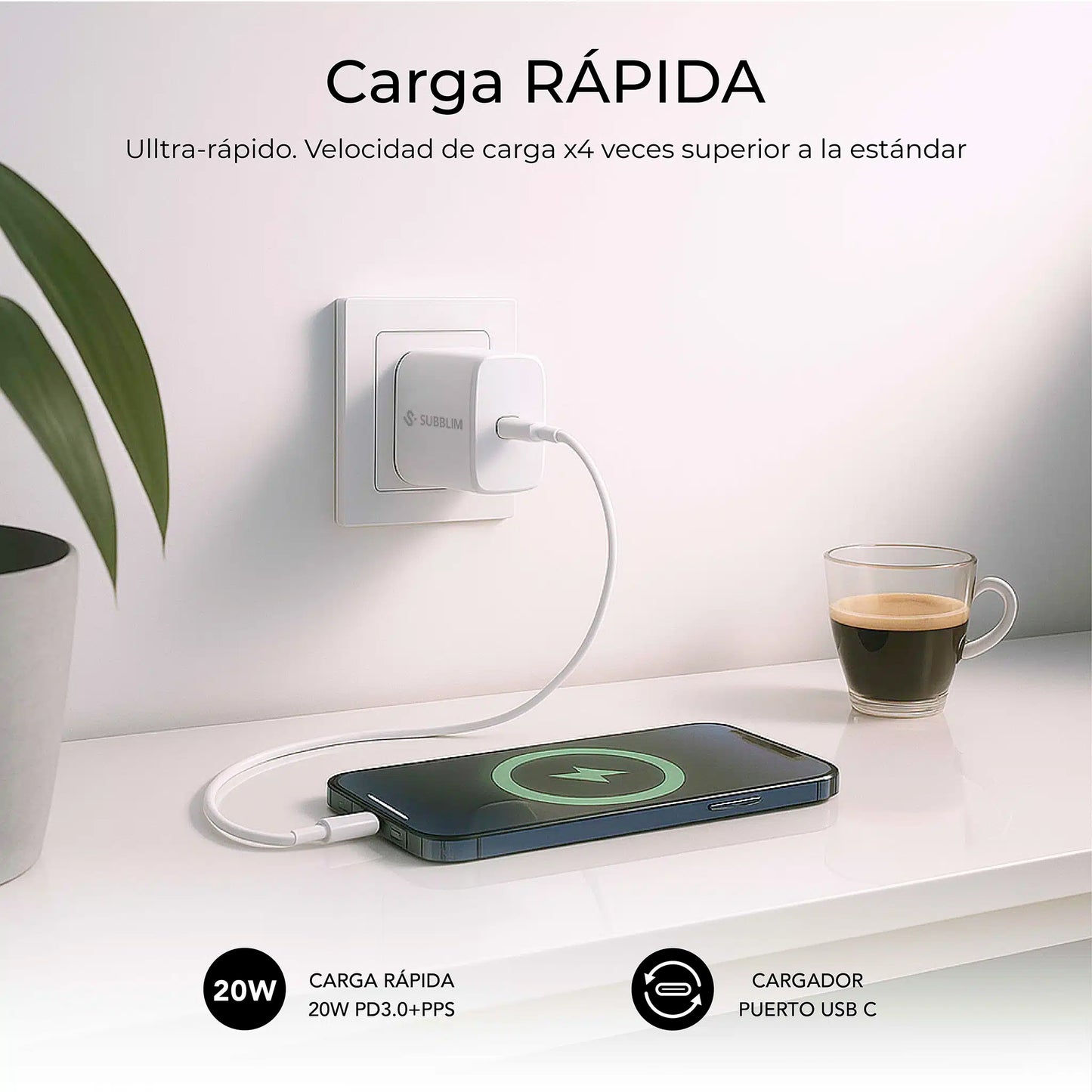 SUBBLIM Cargador USB-C GaN 20W , Power Delivery 3.0 & PPS, Enchufe Rápido para iPhone 16-12, iPad, Galaxy S24-S20, Pixel 9-6, Xiaomi, Ultraportátil, Seguro y Certificado_3
