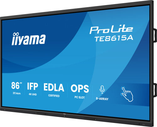 IIYAMA 86" STYLISH IFP, (EDLA)/ANDROID 14,8 CORE SOC, 8/128GB, 40-PTS, UHD , NFC, PIR , MM 2X20W +20W SBUW, 8-ARRAY MICRO, 2XHDMI, HDMI-OUT, DP, USB-C100W PD/ MINI-JACK / OPT.OUT, 550CD/M2, L/S MODE, AG GLASS, LAN, WIFI6, BT5.0/IIWARE, PC SLOT,800X6_19