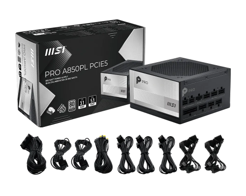 FUENTE ALIMENTACION MSI PRO A850PL PCIE5,PSU,850W,80 PLUS PLATINUM,MODULAR,120MM,ACTIVE PFC,1XPCI-E 5 (16PIN),3XPCI-E (6+2 PIN),6XSATA (15 PIN)_4