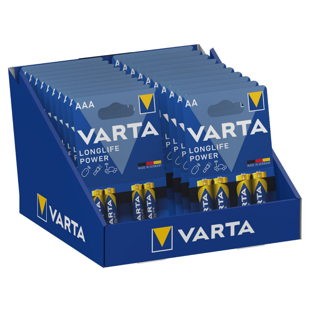 Expositor de cartão de mesa de pilhas varta "long life" 10 blÃsters 4 pilas aaa lr03 + 10 blÃsters 4 pilhas aa lr06 varta 27x18x17cm_0