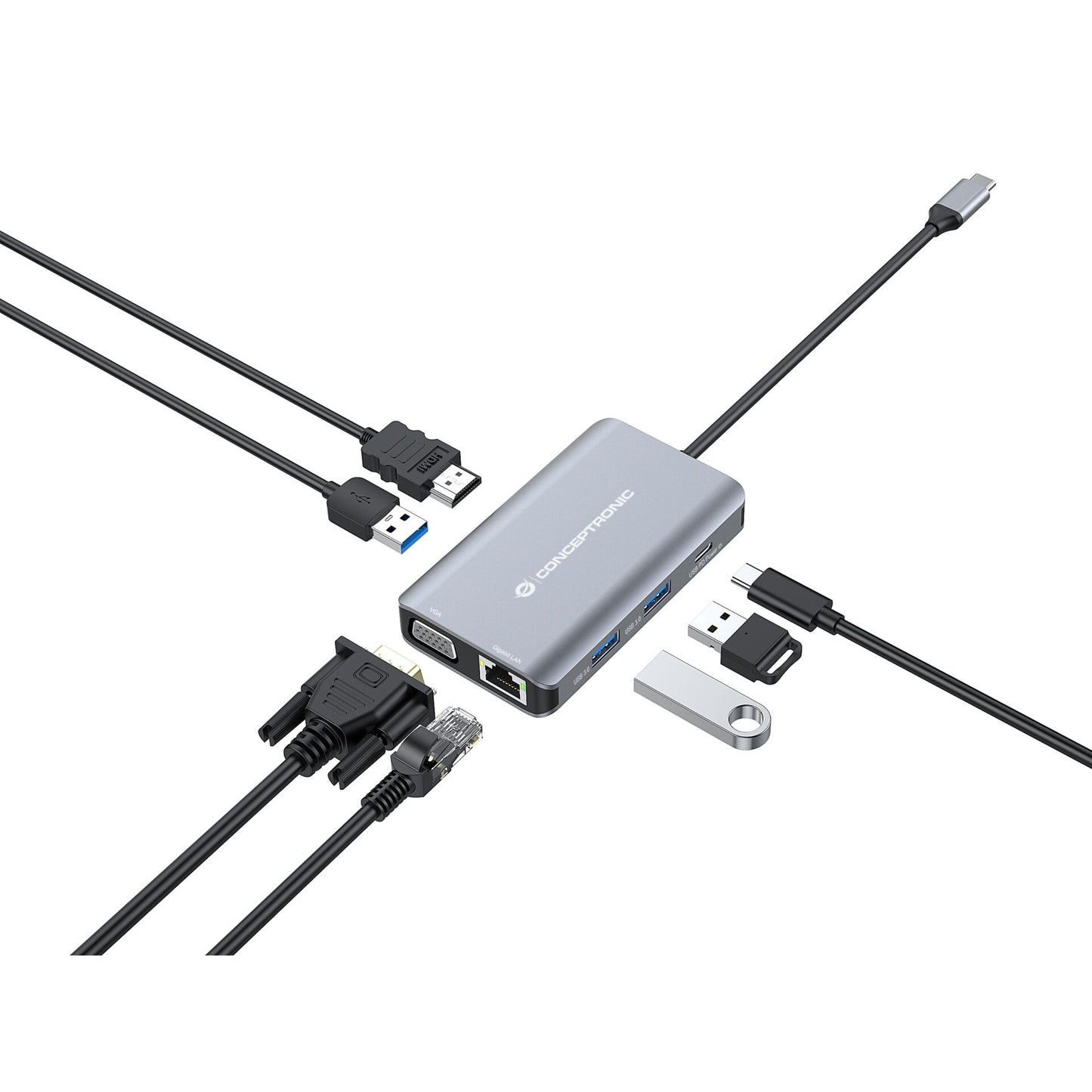 Hub Dock USB-C Conceptronic HDMI / VGA / USBx3 / RJ45 / 100W PD