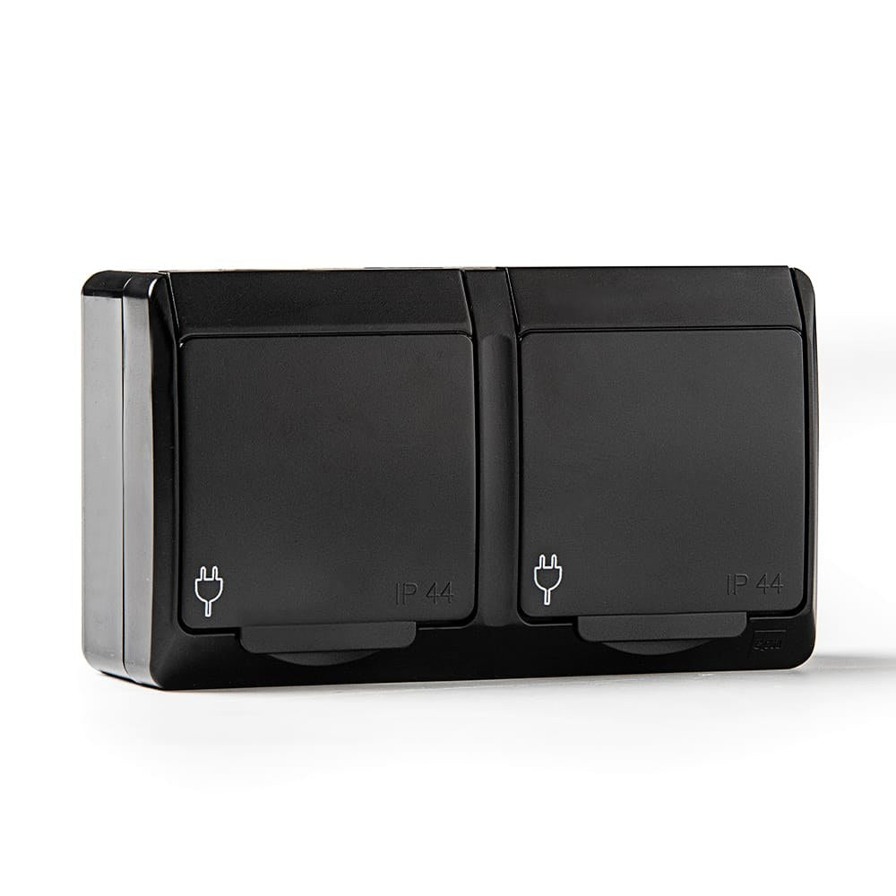 Tomada dupla c/ terra lateral estanque ip44, 16a 250 v, preto, blister_0