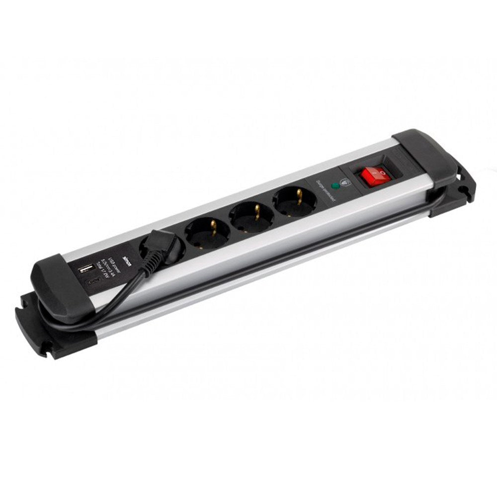 Base múltipla, 4 tomadas schuko 2p+t, 2 usb a+c, 16 a 250 v~, 1,5 m cabo, com interruptor e prot. sobretensões, alumÃnio_0