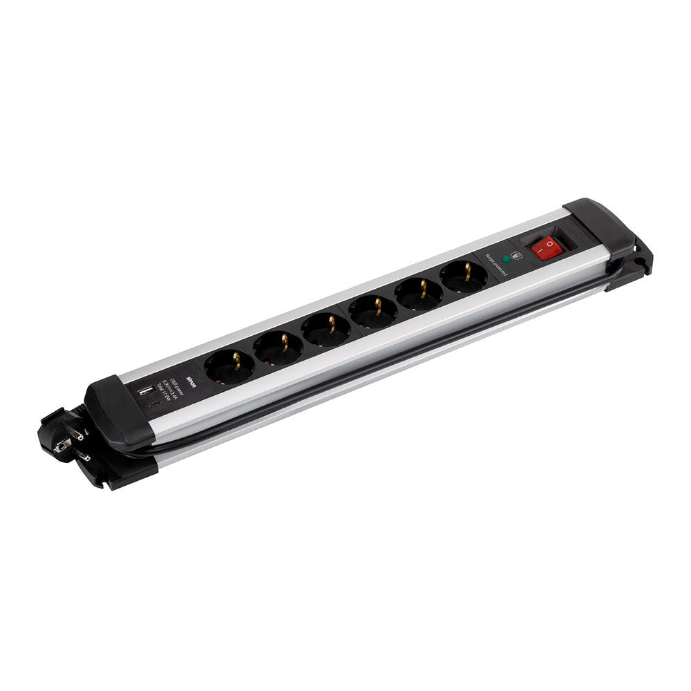 Base múltipla, 6 tomadas schuko 2p+t, 2 usb a+c, 16 a 250 v~, 1,5 m cabo, com interruptor e prot. sobretensões, alumÃnio_0
