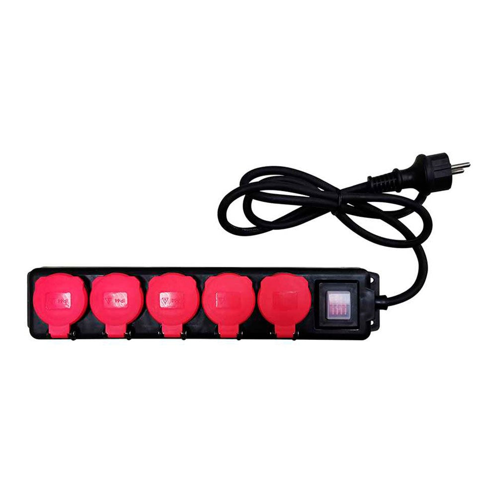 Base múltipla, 5 tomadas, schuko 2p+t, com tampa, 16 a 250 v~, ip44, 1,4 m cabo, com interruptor, preta e vermelha, blister_0