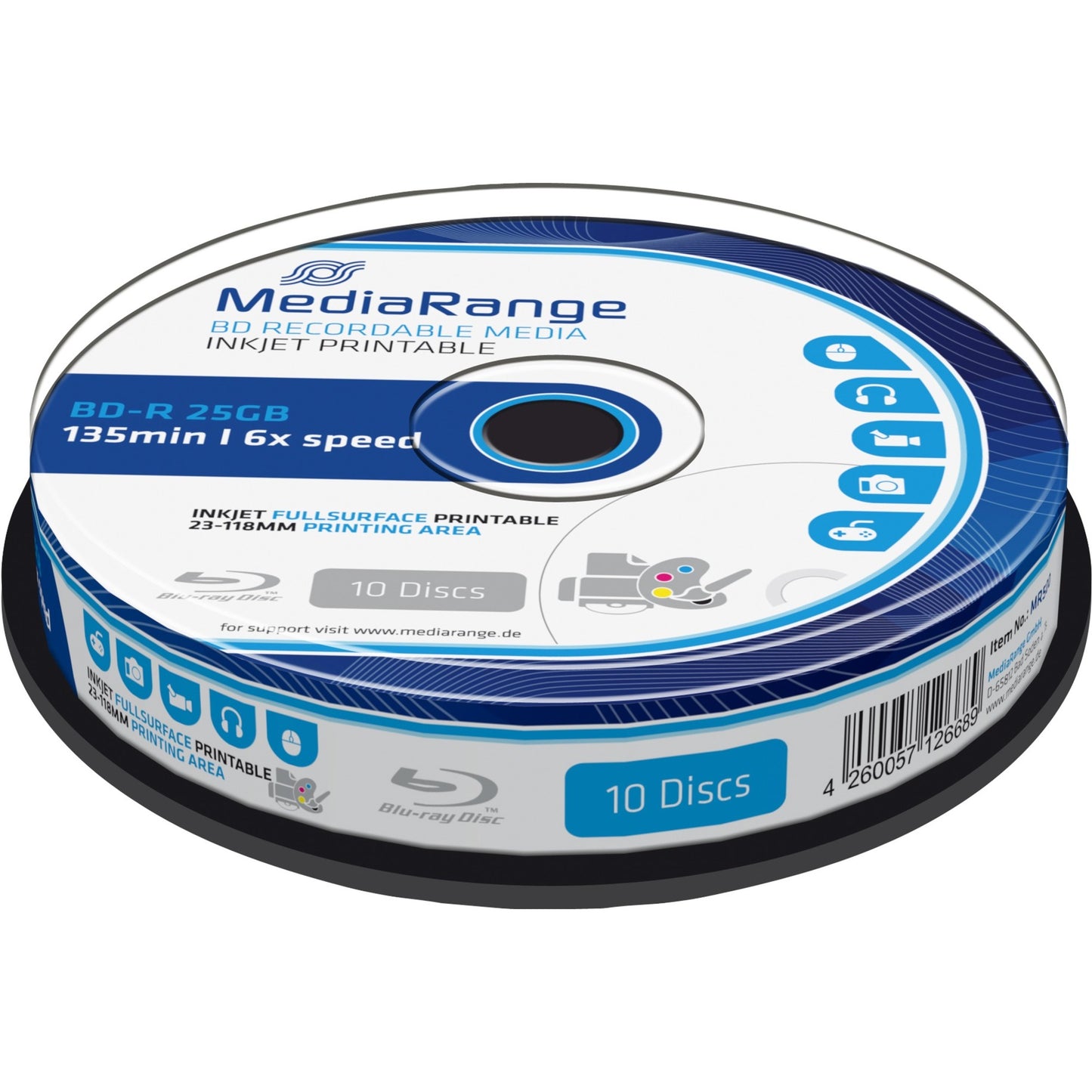 MediaRange BD-R 25GB 6x Fullsurface Inkjet Printable Cake 10