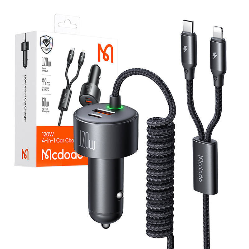 Mcdodo CC-0370 car charger, USB-C, Lightning, 120W, retractable cables_4