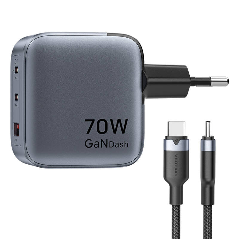 GaN Vention USB-C+C+A 70W Charger + USB-C-C Cable 1m (Gray)_2