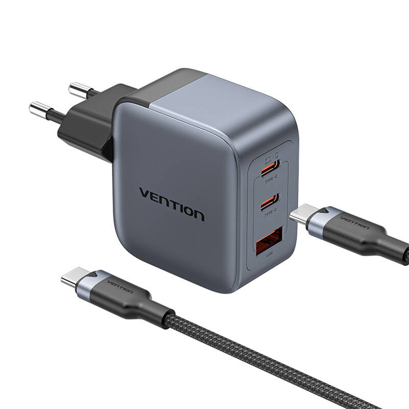 GaN Vention USB-C+C+A 70W Charger + USB-C-C Cable 1m (Gray)_1