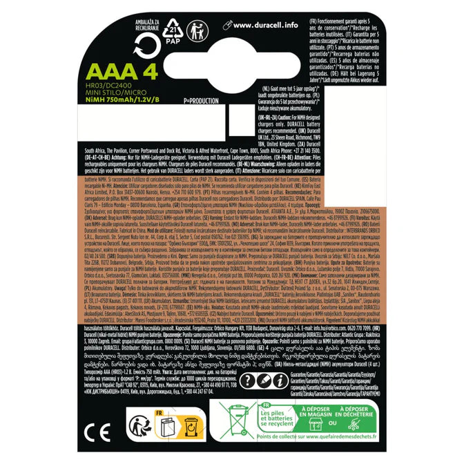 Duracell Blister Pilhas Recarregáveis HR03 AAA 750 MAH 4 Uni.