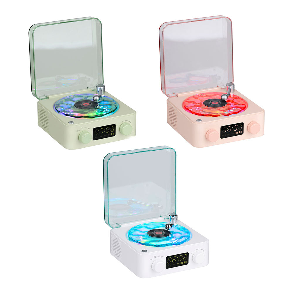 Altifalante bluetooth em forma de toca-discos, com relógio, ruÃdo branco e luz rgb, cores sortidas_0