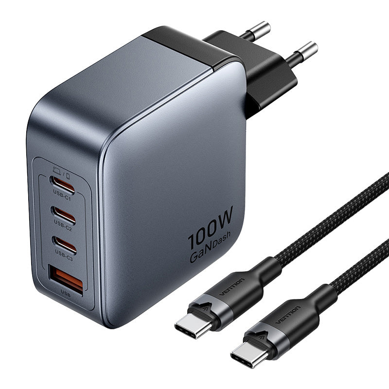 Vention power charger 3x USB-C, 1x USB-A, (100W/100W/30W/30W) (grey) with USB-C to USB-C cable (1m) (black)_0