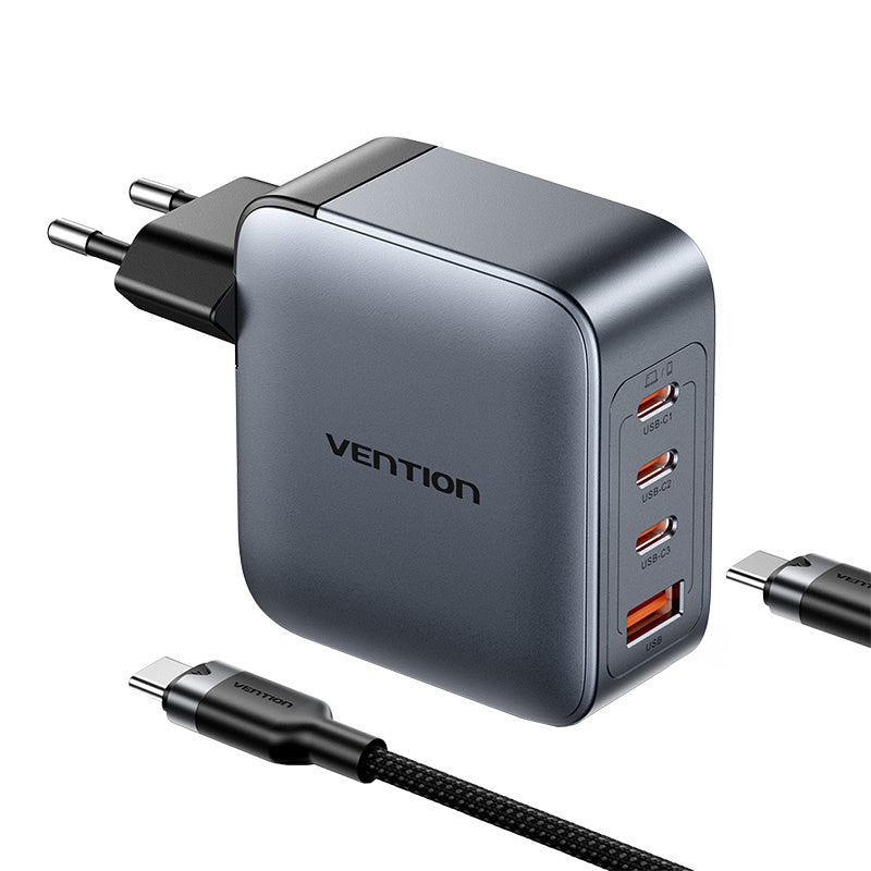 Vention power charger 3x USB-C, 1x USB-A, (100W/100W/30W/30W) (grey) with USB-C to USB-C cable (1m) (black)_1