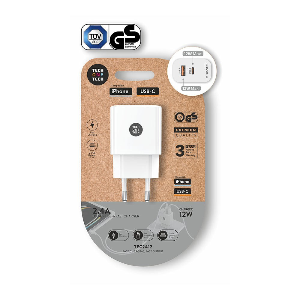 Cargador de Pared Tech One Tech TEC2412/ 1xUSB Tipo-C/ 1xUSB/ 12W/ Blanco_1