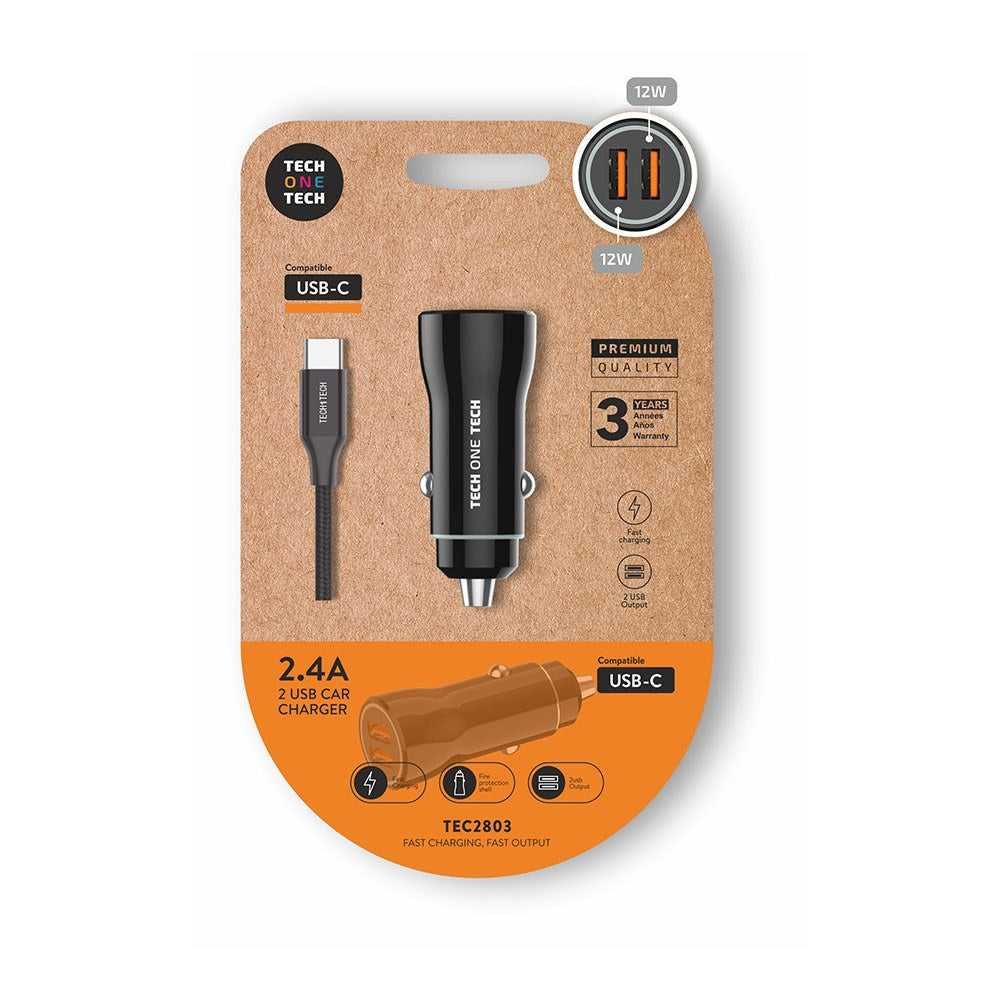 Cargador de Coche Tech One Tech TEC2803/ 2xUSB + Cable USB Tipo-C/ 12W_1