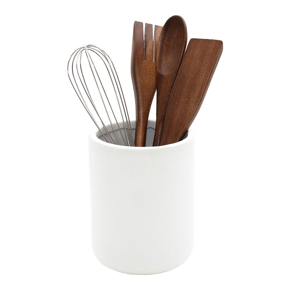 Pote de cerâmica branco com utensÃlios de cozinha em madeira de acácia, 5 peças_0