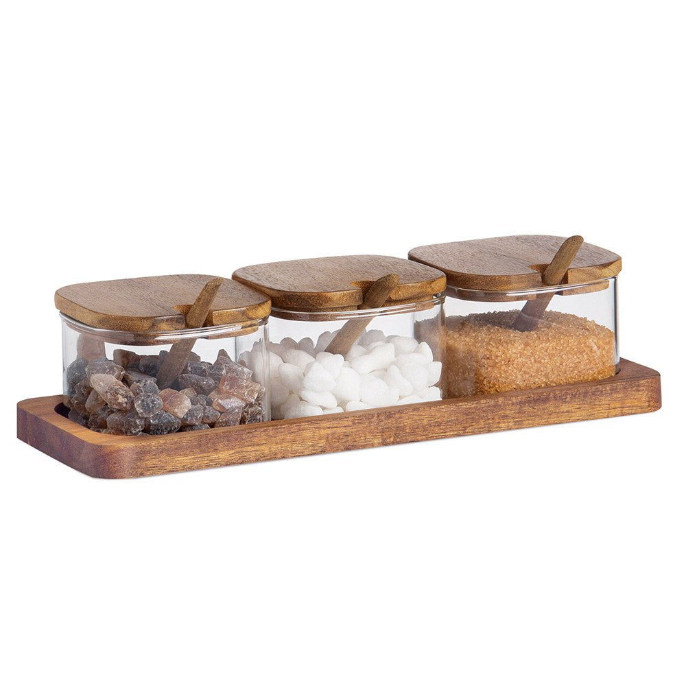 Açucareiro de vidro e madeira de acácia, 3 peças com bandeja, 27 x 10,5 x 7 cm_0