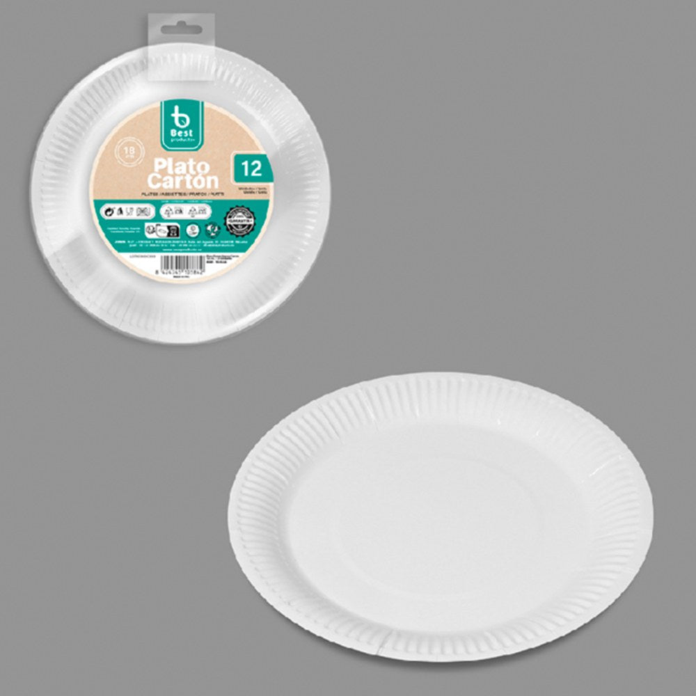 Pratos de sobremesa redondos de papelão branco, ø18 cm, 12 un_0