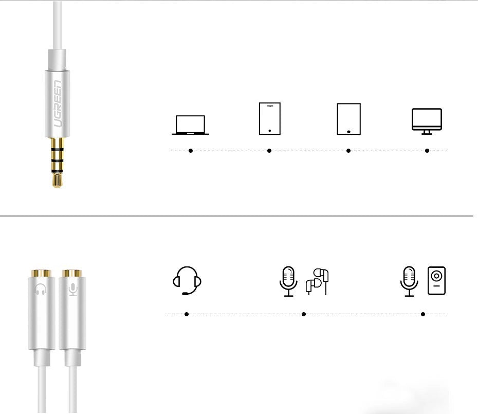 Ugreen cable cable headphone splitter 3.5 mm mini jack AUX microphone 20cm (microphone + stereo output) silver (30619)_4