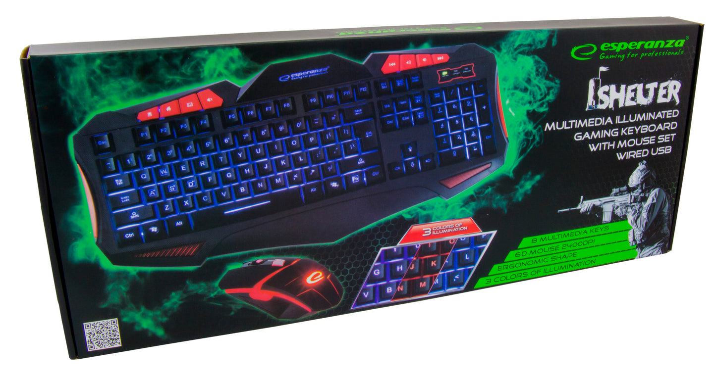 Bundle Gaming Rato + Teclado Esperanza c/ iluminação LED e c/ fios Shelter EGK3000