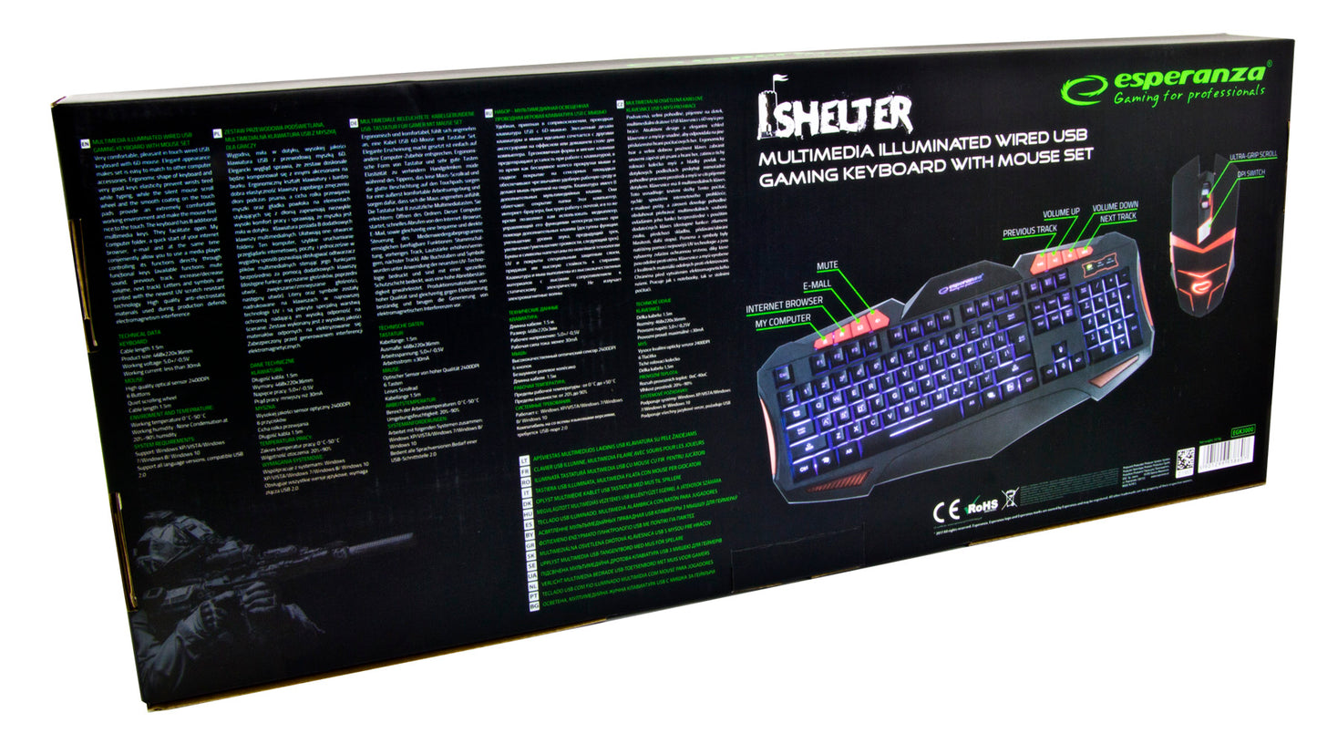 Bundle Gaming Rato + Teclado Esperanza c/ iluminação LED e c/ fios Shelter EGK3000