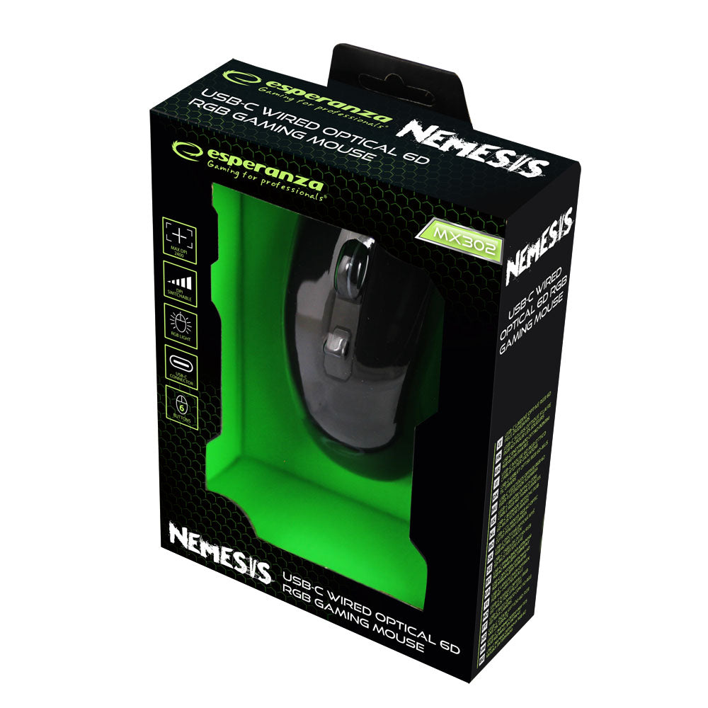Rato Ótico Gaming com fios ESPERANZA NEMESIS 6D c/ luz RGB USB-C Preto