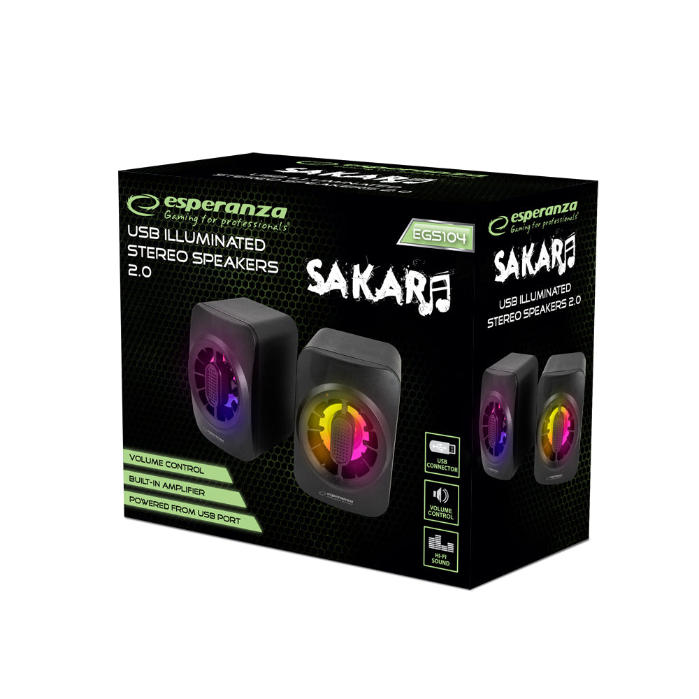 ESPERANZA Colunas USB 2.0 5W Pretas com LED Rainbow