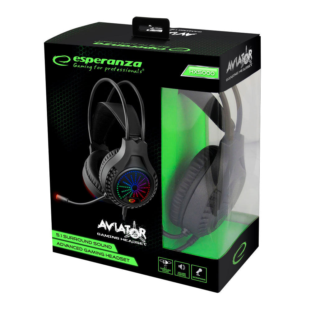 Fones Headset Gaming Aviator Esperanza 5.1 Surround Sound Preto com fio