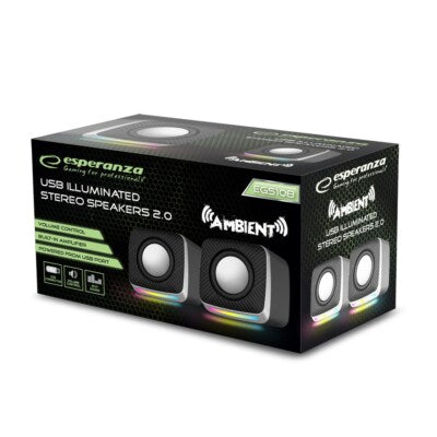 Colunas de Som Esperanza 2.0 USB Pretas | Áudio Estéreo Compacto e Moderno