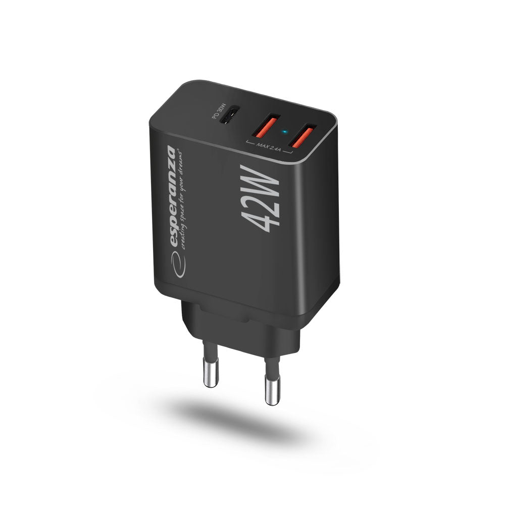 Esperanza Quick Fast Charger 42W USB-C PD 30W / 2x USB-A 12W Preto