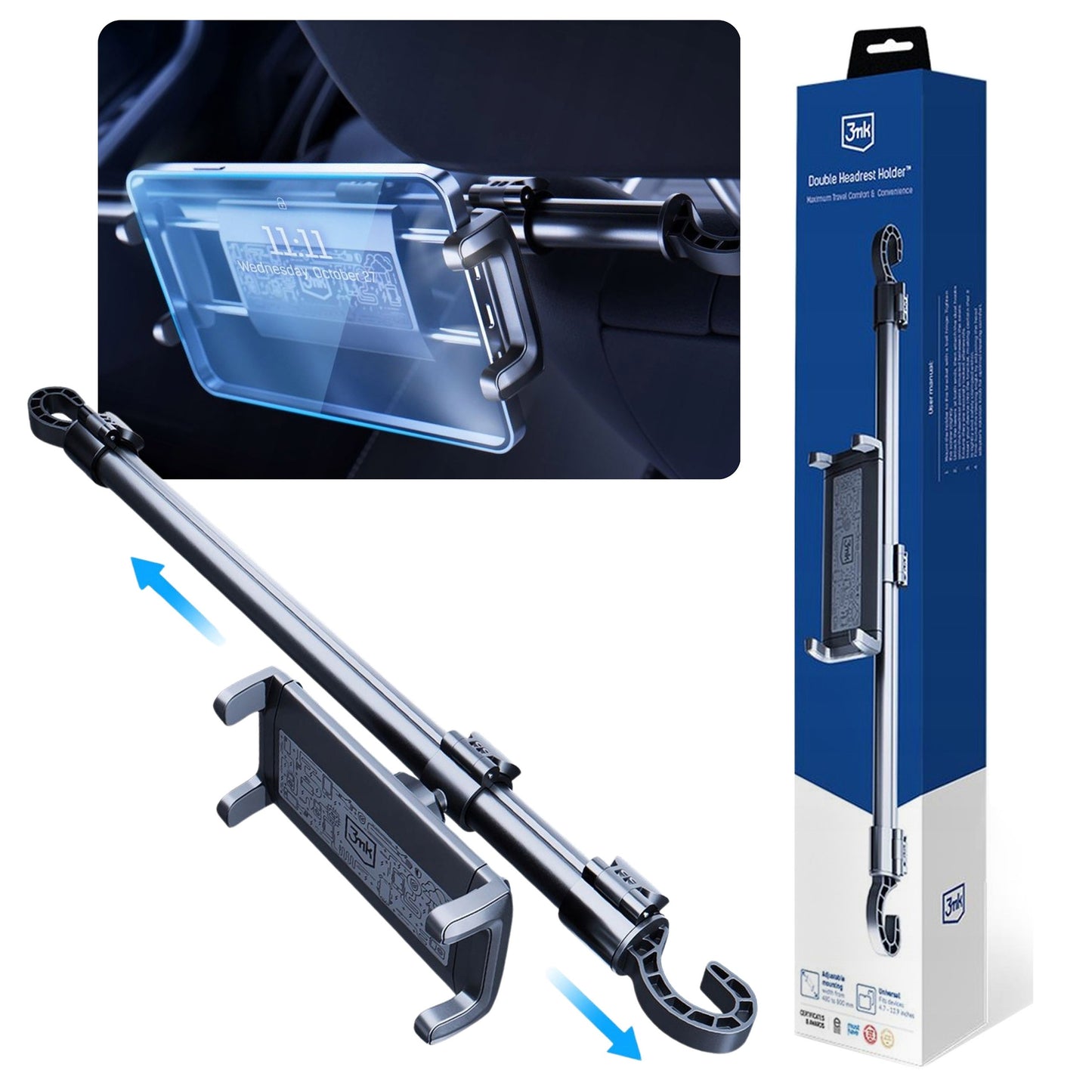 Suporte Duplo para Cabeça de Banco de Carro 3mk para Tablet ou Smartphone - Preto