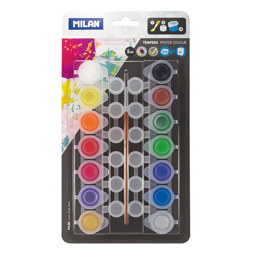 BlÃster com 14 potes de tempera 5ml + 12 potes de mistura e pincel milan_0