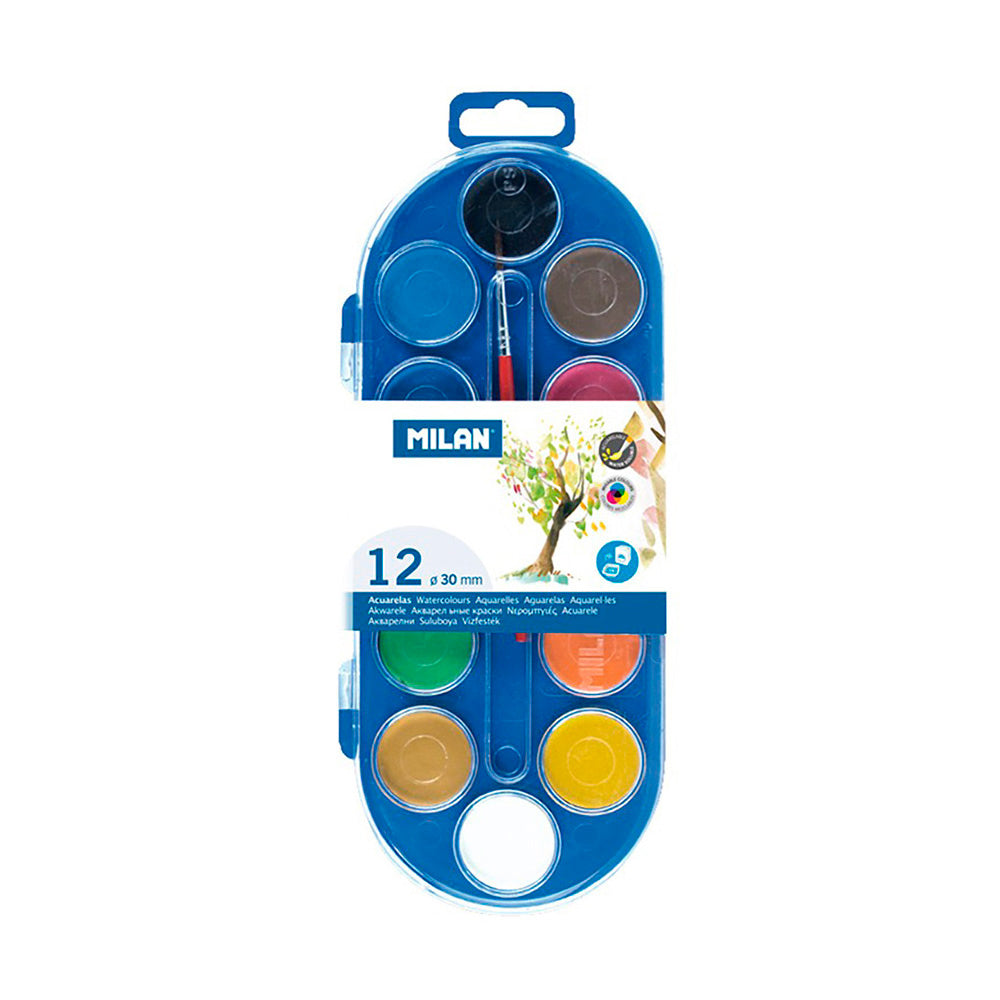 Estojo com 12 pastilhas de aquarelas ø30mm + 1 pincel milan_0