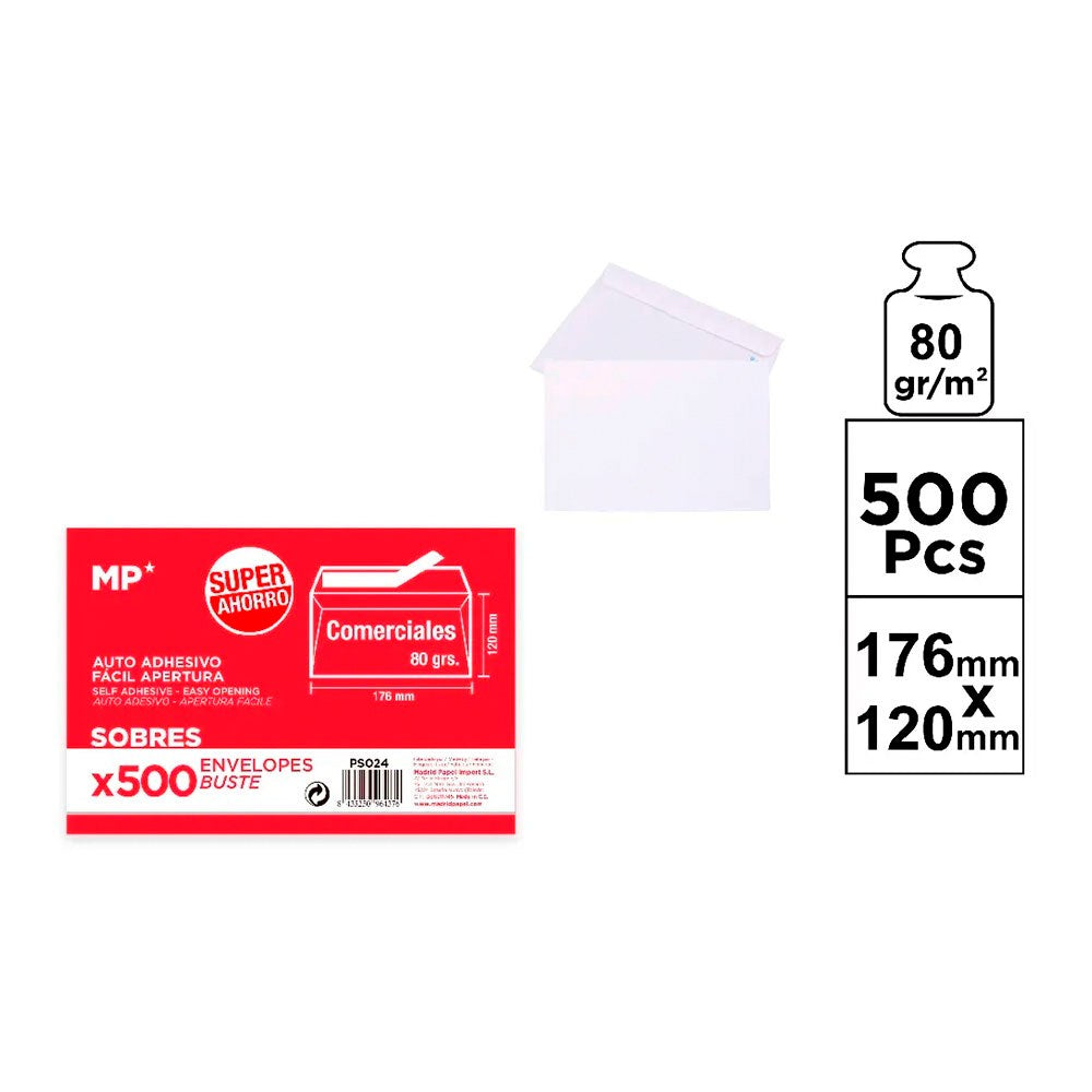 Envelopes comerciais brancos autoadesivos, 176 x 120 mm, 500 un_0