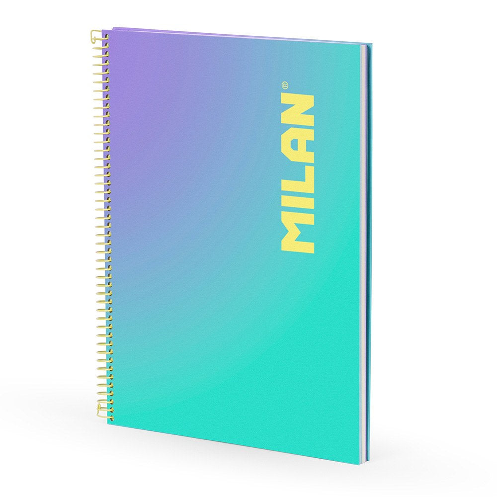 Caderno a4, espiral, capa dura, 90 folhas quadriculadas, faixa colorida, turquesa_0