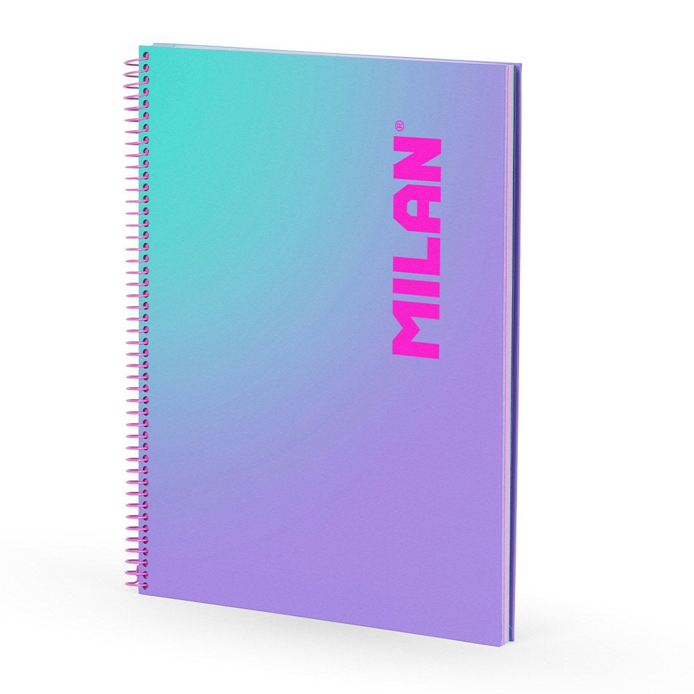 Caderno a4, espiral, capa dura, 90 folhas quadriculadas, faixa colorida, lilás_0