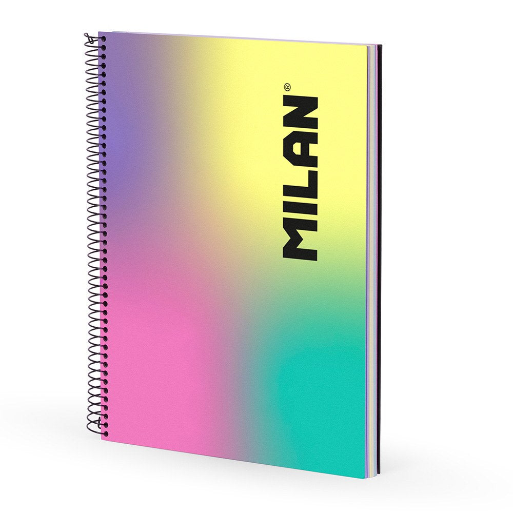 Caderno a4, espiral, capa dura, 120 folhas quadriculadas, faixa colorida, multicolorido_0