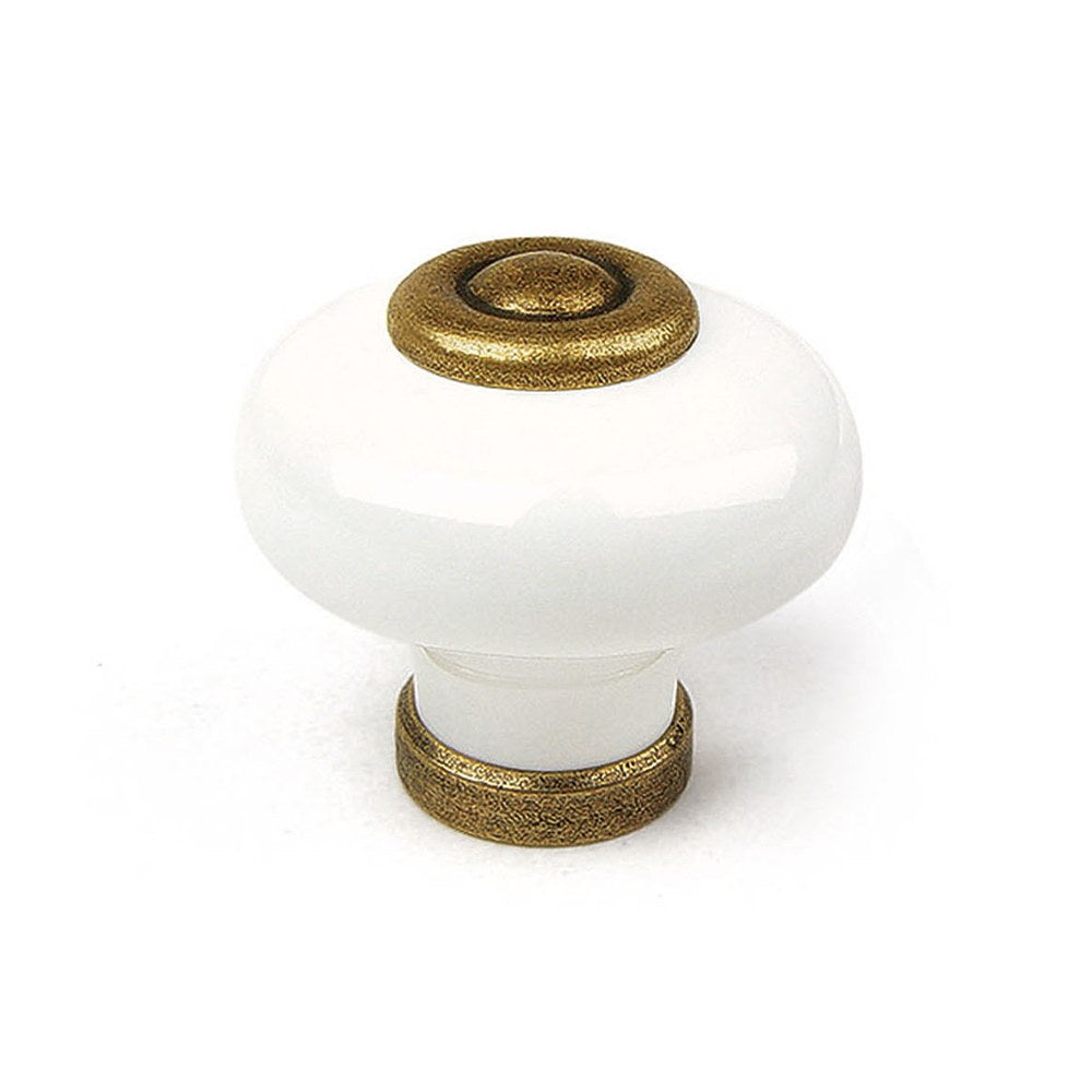 Puxador para móvel, modelo 824, em porcelana e zamac com acabamento em couro branco e envelhecido, ø31 mm_0
