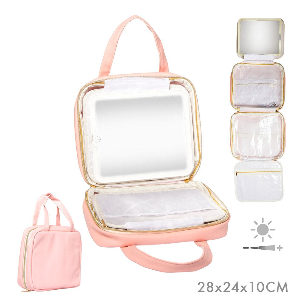Estojo desdobrável para cosméticos com espelho led e cabide, rosa, 27 x 8,5 x 22 cm_0