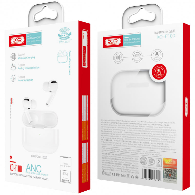 Auriculares Bluetooth TWS XO F100 com Cancelamento de Ruído e Microfone