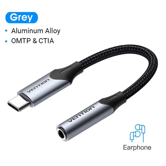 Adaptador Áudio USB-C macho para AUX Jack 3.5MM Fêmea Vention 0.1M Preto