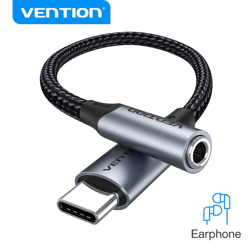 Adaptador Áudio USB-C macho para AUX Jack 3.5MM Fêmea Vention 0.1M Preto
