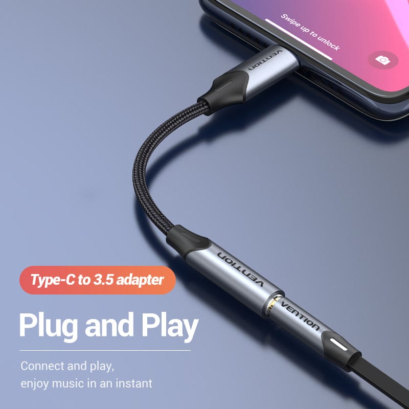 Adaptador Áudio USB-C macho para AUX Jack 3.5MM Fêmea Vention 0.1M Preto