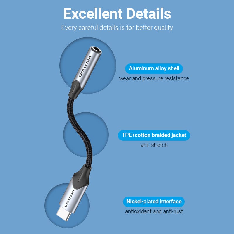 Adaptador Áudio USB-C macho para AUX Jack 3.5MM Fêmea Vention 0.1M Preto