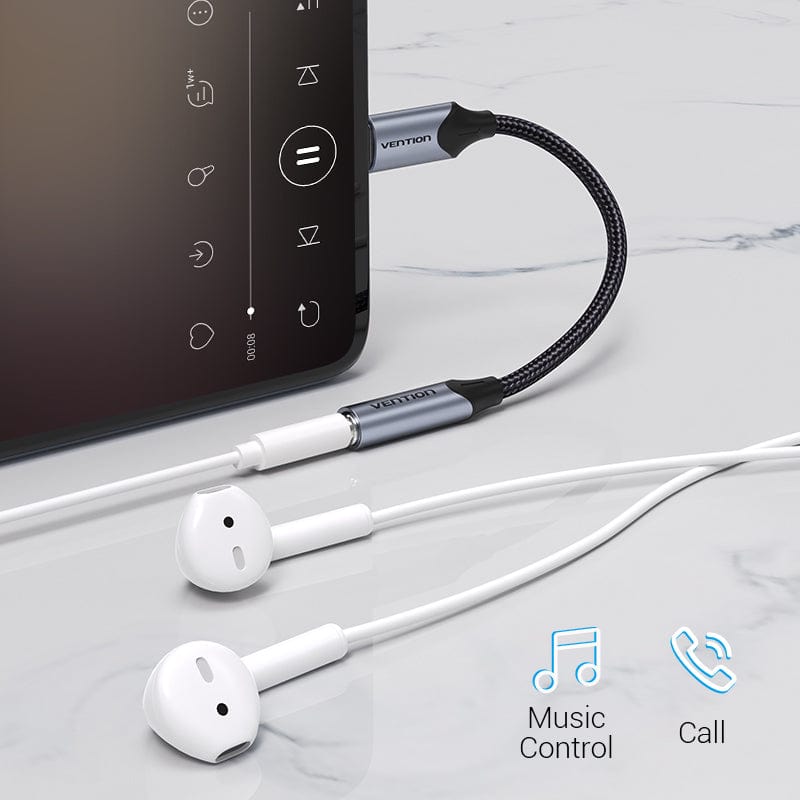 Adaptador Áudio USB-C macho para AUX Jack 3.5MM Fêmea Vention 0.1M Preto