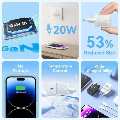 Carregador de Parede Vention Fast Charging Gan 20W / 1xUSB Tipo-C / Incluído Cabo USB-C para Lightning / Branco