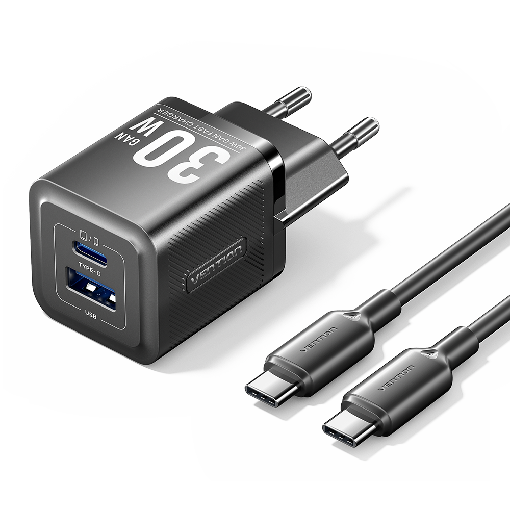 Carregador de Parede Vention 30W / 1xUSB Tipo-C + 1xUSB / com Cabo USB Tipo-C incluído