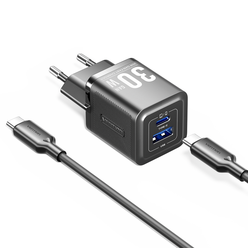 Carregador de Parede Vention 30W / 1xUSB Tipo-C + 1xUSB / com Cabo USB Tipo-C incluído