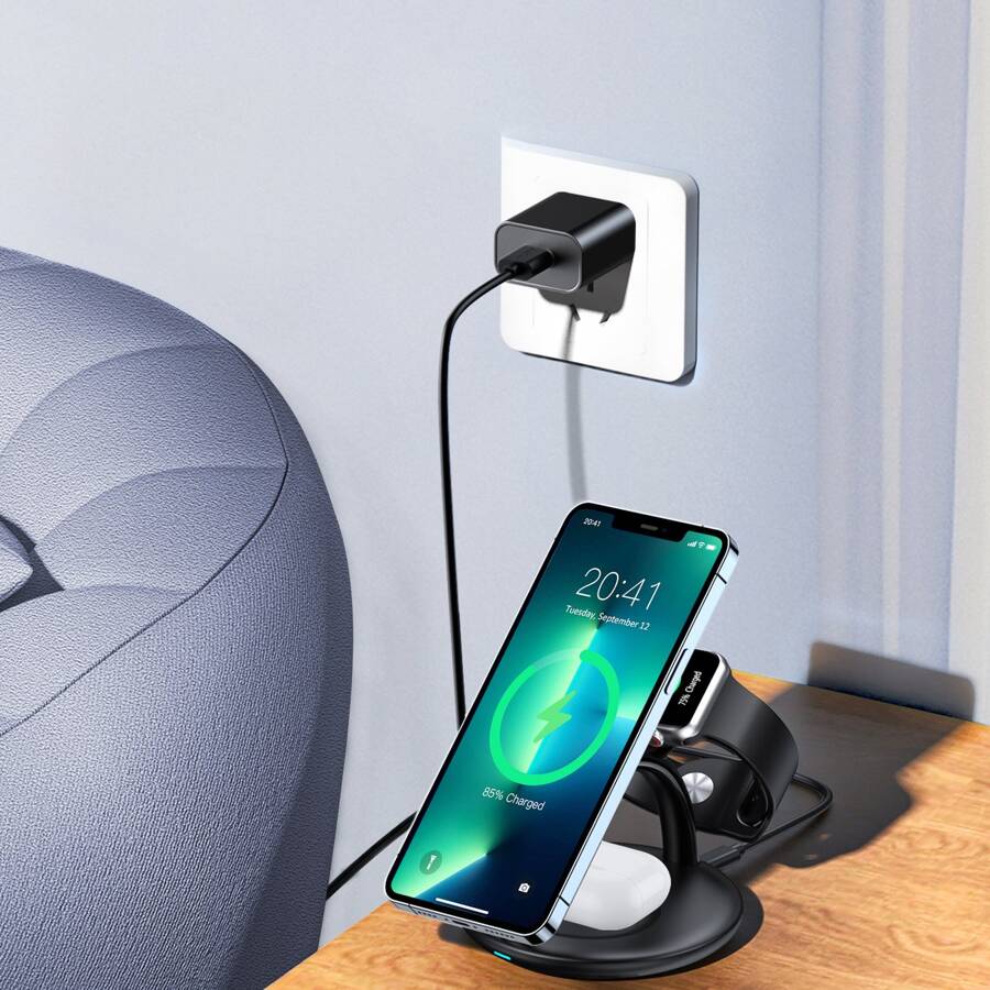 Suporte com Carregador Sem Fios Magnético 3 em 1 Choetech T587-F para iPhone / AirPods / Apple Watch 15W / 5W / 2,5W (Preto)